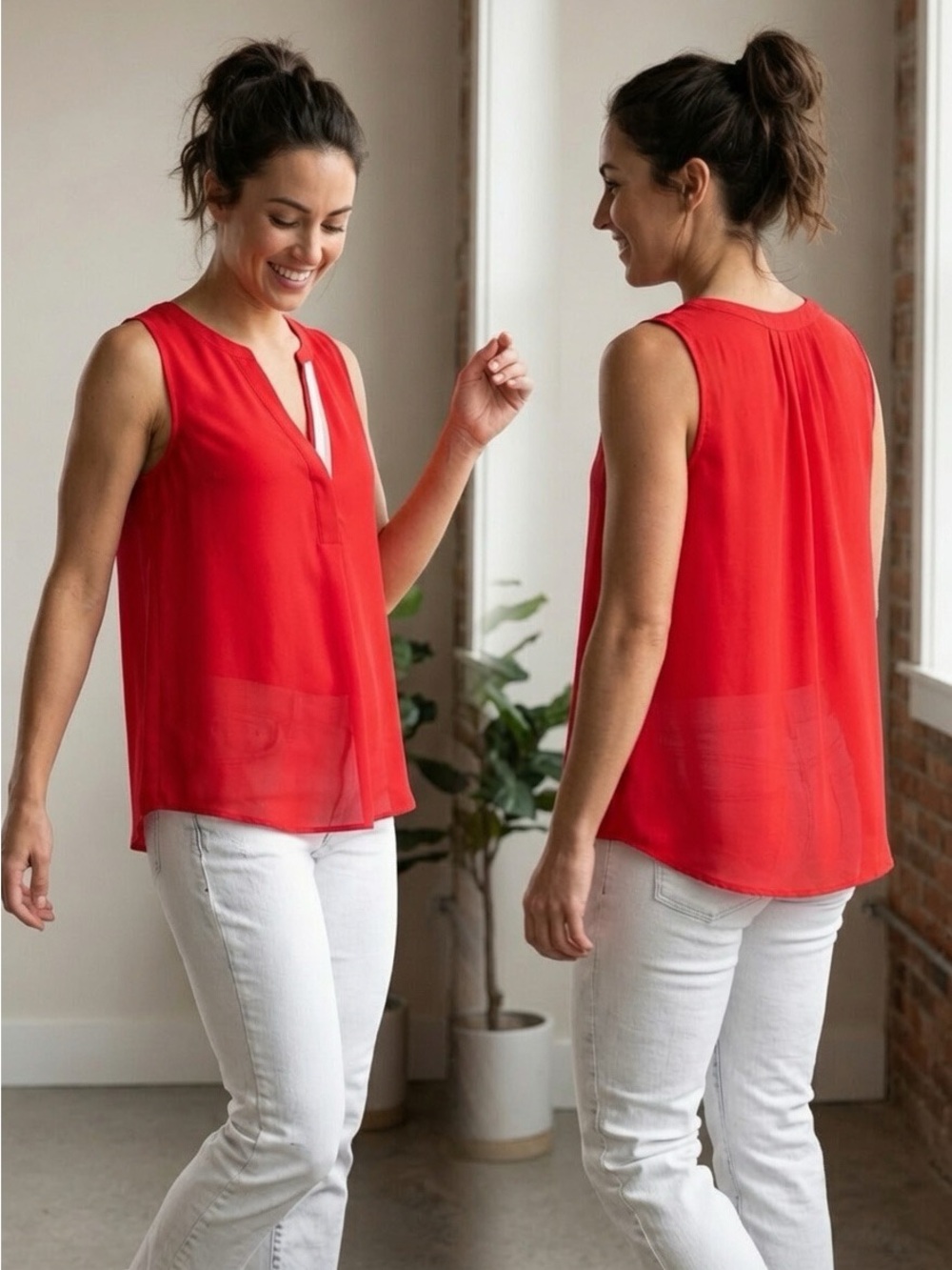 Joe’s  Sleeveless Split V-Neck Blouse in Bright Red 100% silk